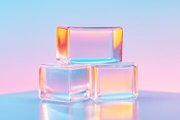Fototapete - A detailed macro shot focusing on the edges of stacked, semi-transparent cubes, highlighting their luminescent lines and crisp angles,