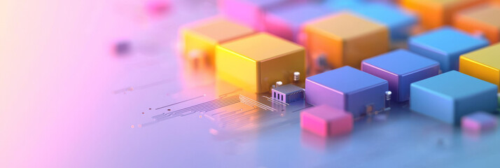 Aufkleber - A vibrant illustration of partially disassembled digital blocks revealing circuit-like interiors, illustrating advanced technology from the inside,