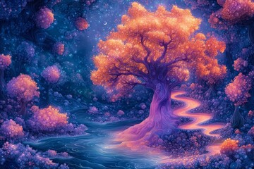 Poster - Colorful mystical tree illuminates path in enchanting forest at twilight