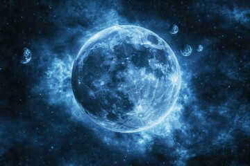 Poster - Giant glowing moon amidst a cosmic background with distant planets and starlit sky
