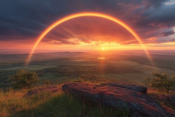 Poster - Breathtaking sunset with vibrant rainbow arching over serene landscape at dusk