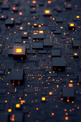 Leinwandbilder - An abstract digital artwork illustrating a chaotic array of shimmering cubes, each inscribed with tiny circuit patterns,