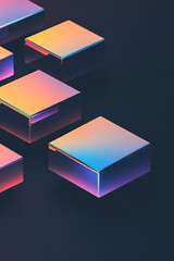 Aufkleber - A 3D geometric design featuring minimalistic floating blocks with mirrored surfaces reflecting neon lines on a sleek black background,