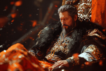Fototapete - A high-resolution portrait of a noble Emperor seated on an ornate throne, clad in regal robes and surrounded by opulent drapery, conveying authority and grandeur,