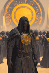 Poster - A creative digital artwork of a futuristic Emperor with biomechanical attire, leading subjects in a sci-fi realm that merges tradition and advanced technology,