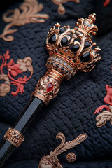 Fototapete - A close-up macro shot of an Emperorâ€™s ceremonial scepter resting on an embroidered cushion, focusing on craftsmanship and imperial insignia,