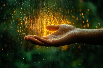 Poster - Hands reaching for shimmering rain droplets in a lush forest setting during sunset
