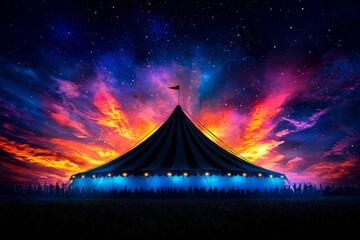 Poster - A vibrant photograph of a lively circus tent at dusk, outlined against a colorful sky, evoking a sense of excitement and anticipation,