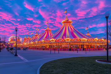 Poster - A vibrant photograph of a lively circus tent at dusk, outlined against a colorful sky, evoking a sense of excitement and anticipation,