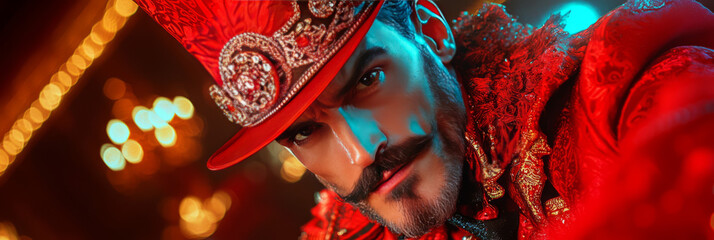 Aufkleber - A high-resolution image of a ringmaster in a lavish, vintage-inspired costume, capturing the drama and tradition of a classic circus show,