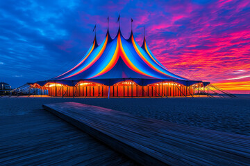 Poster - A vibrant photograph of a lively circus tent at dusk, outlined against a colorful sky, evoking a sense of excitement and anticipation,