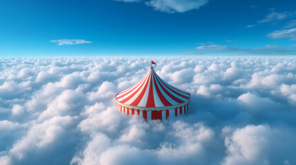 Poster - A dreamy digital artwork of a circus tent floating above the clouds, symbolizing the enchanting fantasy often associated with circus experiences,