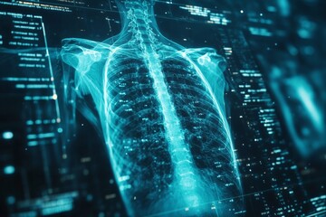Poster - Visual representation of a human ribcage with digital overlay showcasing anatomical details and data analysis context