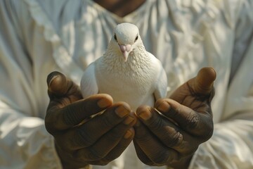 close-up of a man's hands, with a white dove, dove of peace, ai generated, ai generated, ai generate