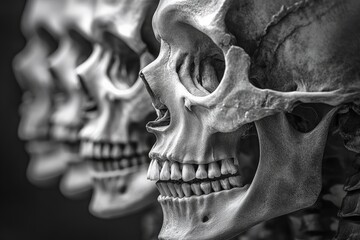 Aufkleber - Detailed view of human skulls displayed in a row, showcasing intricate bone structure and texture