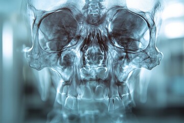 Poster - Advanced medical imaging reveals a detailed x-ray of a human skull showcasing intricate bone structures and features