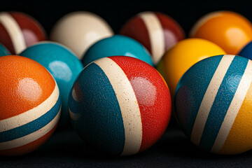 Aufkleber - A high-resolution macro shot of colorful juggling balls arranged on a table, highlighting the tools of a classic circus act,