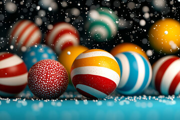 Poster - A high-resolution macro shot of colorful juggling balls arranged on a table, highlighting the tools of a classic circus act,