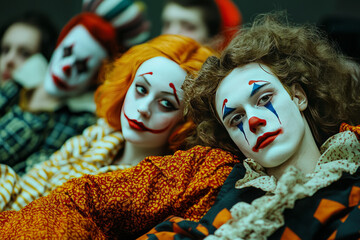 Poster - A peaceful image of circus performers resting backstage in colorful costumes, reflecting the human side and camaraderie behind the grand show,