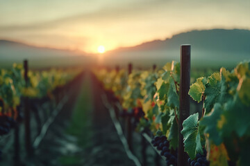 Poster - A serene vineyard at sunrise, with morning light highlighting rows of grapevines and a gentle mist creating a romantic, winemaking atmosphere,