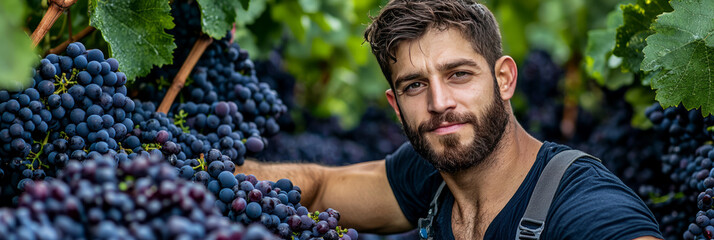 Poster - A vibrant photograph of a winemaker carefully inspecting grape clusters, illustrating the attention to detail and craftsmanship in wine production,
