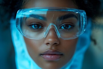 Poster - Focused young woman wearing clear protective goggles and a white lab coat in a scientific environment