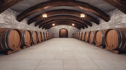 Poster - An elegant illustration of a rustic wine cellar, with oak barrels neatly arranged, exuding the age-old tradition of aging and storing wines,