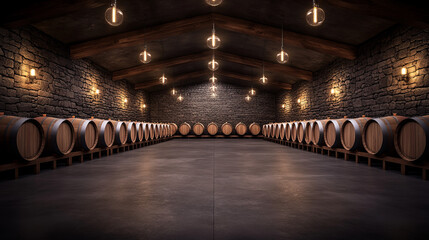 Poster - An elegant illustration of a rustic wine cellar, with oak barrels neatly arranged, exuding the age-old tradition of aging and storing wines,