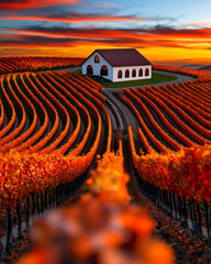 Poster - A vibrant image of a vineyard in autumn, with leaves turning shades of orange and red, evoking the seasonal cycle central to winemaking,