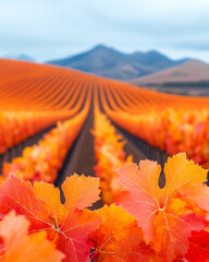 Poster - A vibrant image of a vineyard in autumn, with leaves turning shades of orange and red, evoking the seasonal cycle central to winemaking,