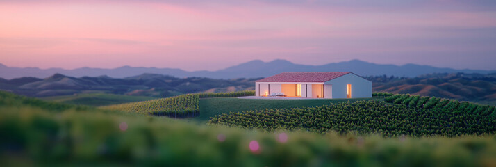 Poster - A cinematic image of a hillside vineyard estate at dusk, lit by warm lights, reflecting the romance and tradition of family-run winemaking,