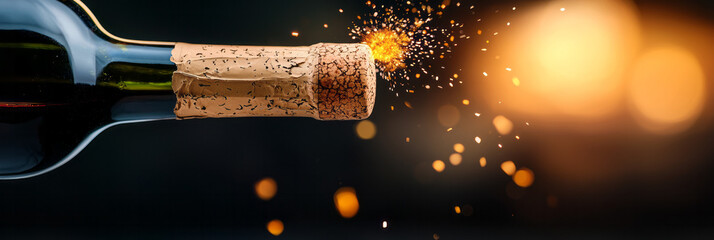 Poster - A close-up photograph of a cork popping from a newly opened wine bottle, capturing the excitement and celebration moment,