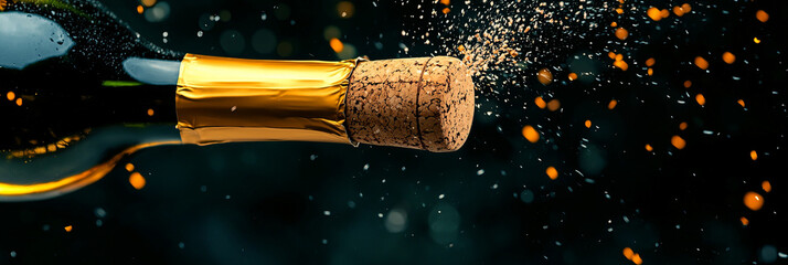 Poster - A close-up photograph of a cork popping from a newly opened wine bottle, capturing the excitement and celebration moment,