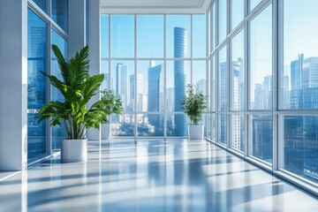 Aufkleber - Modern office interior with large windows showcasing a city skyline view and greenery