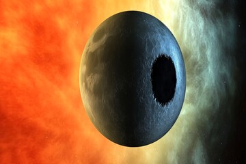 Poster - Stunning view of a dark planet against a vibrant cosmic background with a mix of colors illustrating the universe