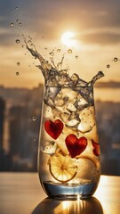 Poster - A cocktail with heart-shaped fruit and lemon slice splashes in a glass against a sunset cityscape, ai generated, AI generated