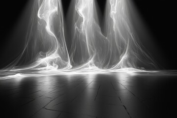 Poster - Soft wisps of light and shadow dance across a dimly lit stage conveying a sense of mystery and anticipation