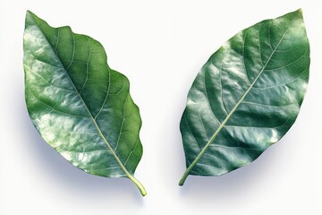 Poster - Two vibrant green leaves displayed on a clean white background showcasing their natural texture and vivid color in bright daylight