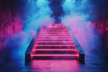 Poster - Stairs illuminated by vibrant pink and blue lights create a stunning visual effect in a misty environment