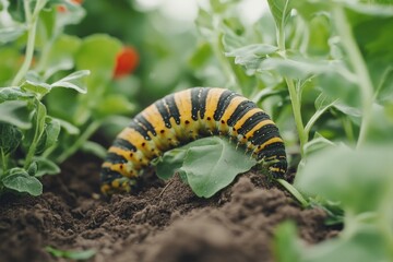 Poster - Colorful caterpillar crawling among lush green plants in a garden during daylight