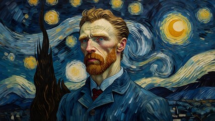 Starry Night, self-portrait, ear painting, Post-Impressionism, oil painting 8K, ultra HD artwork, art history, famous artist, blue and yellow painting, thick brushstrokes, swirling 