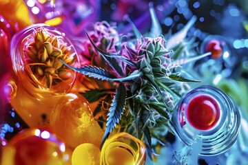 Poster - Abstract painting of chemical structure of thc and cbd interlocking geometric shapes, AI generated