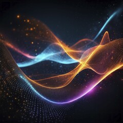 Poster - Bright abstract illustration showcasing glowing light waves in orange, blue, and purple on a dark background, Fire Particles, AI generated
