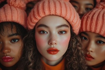 Diverse group of friends wearing matching pink knit hats poses together in a close-up portrait during winter celebrations