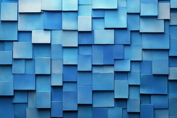 Poster - Colorful arrangement of blue squares on a textured wall creates an artistic backdrop in a modern space