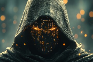 Fototapete - Mysterious figure with glowing eyes and digital patterns stands in a dimly lit environment