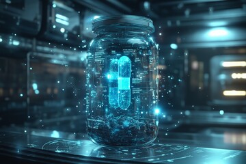 Poster - Modern technology displayed in a futuristic jar showcasing a glowing capsule in a high-tech environment