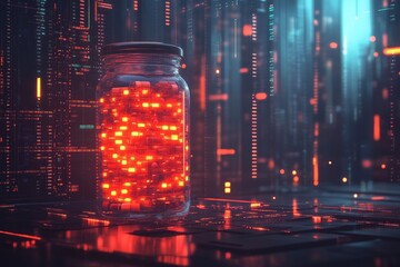 Poster - Glowing jars filled with capsules in a futuristic digital environment at night