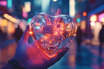 Leinwandbilder - Heart-shaped glass object emits vibrant lights in a bustling urban environment at night