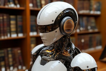 Poster - Humanoid robot with sleek design exploring a library filled with books